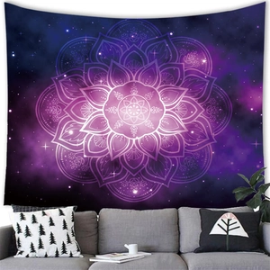 Detailed close-up of purple mandala galaxy tapestry in a cozy living room setting
