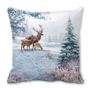 Merry Christmas deer family oil painting cushion cover with a snowy forest scene