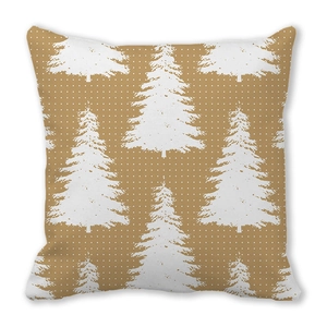 Detail view of khaki Christmas pillowcase featuring white polka dots and fir tree patterns