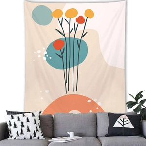 Nordic Morandi abstract plant wall tapestry with geometric color blocks above sofa