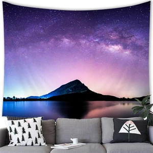 Starry night forest landscape tapestry hanging in a modern living room setting