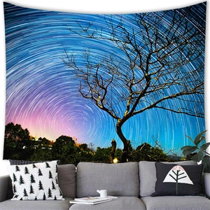 Starry night sky forest tapestry with concentric star trails and tree silhouette