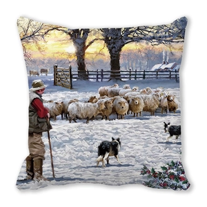 Christmas peach skin pillow cover with winter sunset oil painting and shepherd motif