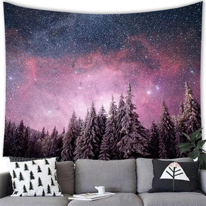 Starry sky and snowy forest landscape tapestry for cozy home wall decor