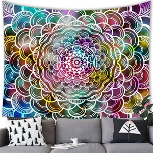 Tapisserie murale mandala colorée avec fond galaxie et motifs géométriques bohèmes