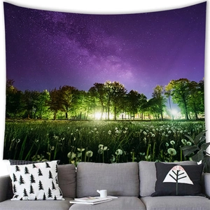 Starry night forest tapestry with purple galaxy and dandelion meadow wall hanging