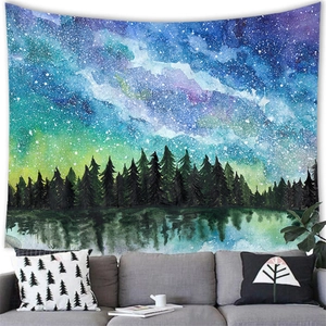 Artistic forest starry night tapestry wall hanging with aurora scenery over a lake