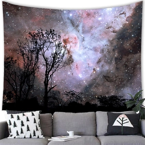 Detail of forest starry sky tapestry fabric showing soft brushed texture on a sofa