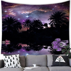 Detail of a large starry night tapestry featuring retro palm tree landscape over a sofa
