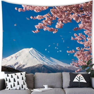 Tenture murale représentant le mont Fuji et les cerisiers en fleurs dans un salon