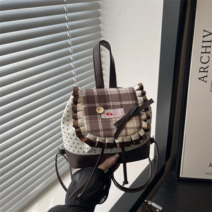Mini Backpack Women PU Leather Canvas Plaid Ruffle Trim Star Print Cherry Patch Sweet Japanese Style Drawstring Bag