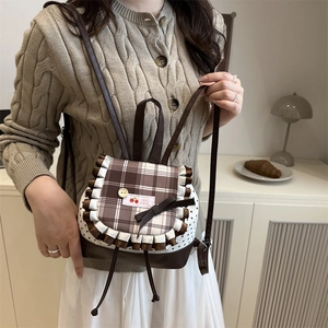 Chic plaid backpack with ruffle trim and cherry embroidery for fashionable women