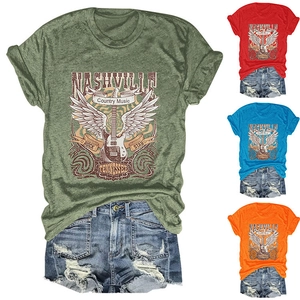 Detailed collage of vintage Nashville T-shirts in four colors with country music prints
