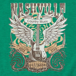 Macro shot of Nashville Country Music vintage rock star print on a green cotton T-shirt