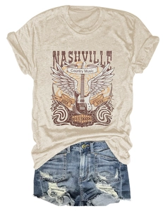 Flat lay of Nashville country music t-shirt with vintage electric guitar graphic and text