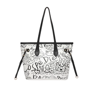 Borsa tote graffiti moderna con stampe street art nere e grande capienza quotidiana