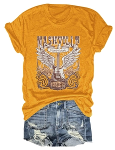 Detail of vintage Nashville country music print on a ginger cotton blend T-shirt