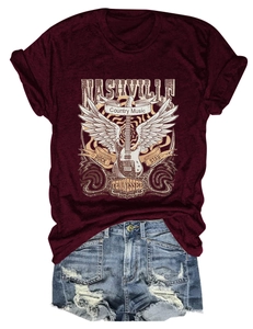 Detail of Nashville Country Music t-shirt with vintage electric guitar and rock star print