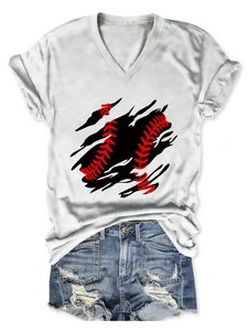 Close-up of white V-neck T-shirt featuring a baseball stitch graphic and denim shorts