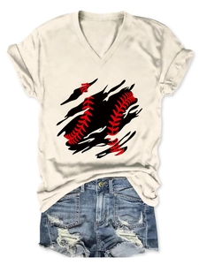 Detail of V-neck T-shirt with baseball stitch print and distressed denim shorts