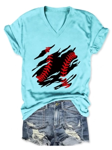 Detail of V-neck t-shirt with baseball stitch print paired with distressed denim shorts