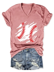 Close-up of pink V-neck T-shirt with baseball stitch print and ripped denim shorts