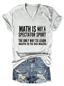 Detail of V-neck white cotton t-shirt featuring a black math motivational slogan print