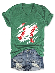 Detail of V-neck T-shirt with baseball stitch graphic and frayed denim shorts