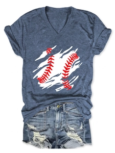 Flat lay of navy blue V-neck T-shirt with baseball print and ripped denim shorts
