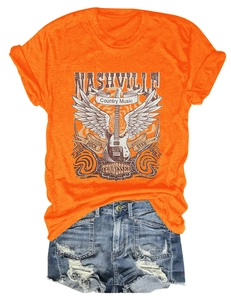 Detail of Nashville country music t-shirt paired with frayed denim shorts on white background