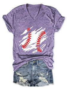Detail view of purple heather V-neck baseball print T-shirt with distressed denim shorts