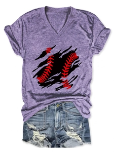 Detail of V-neck T-shirt with baseball scratch print and rolled cuffs on soft fabric