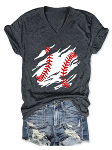 Detail of grey V-neck baseball print T-shirt with distressed denim shorts for casual style