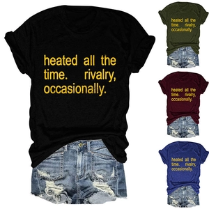 Detail of crew neck T-shirt with 'heated all the time' text and ripped denim shorts set