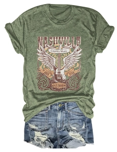 Detail of Nashville country music print on army green vintage graphic t-shirt