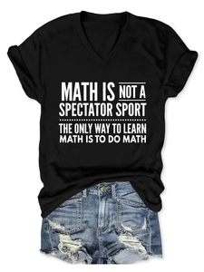 Detail of V-neck math slogan t-shirt paired with distressed denim shorts