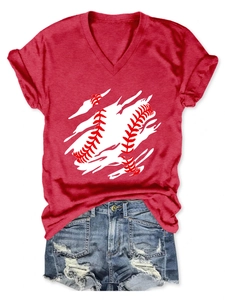 Flat lay of a red V-neck T-shirt with baseball stitching print and distressed denim shorts