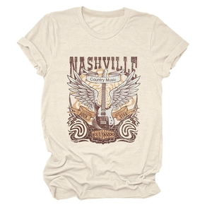 Detailed close-up of Nashville country music print on cream cotton crewneck t-shirt