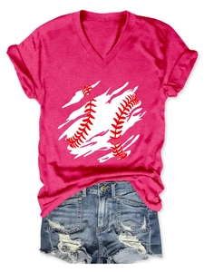 Close-up of bright pink V-neck T-shirt with baseball print and ripped denim shorts set