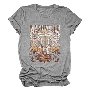 Detailed flat lay of a grey Nashville country music t-shirt with rock star graphic