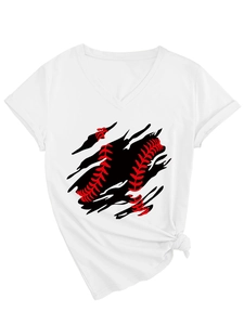 Close-up of white V-neck T-shirt featuring a ripped baseball print and stylish hem knot