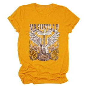 Detail of Nashville country music graphic on a mustard yellow cotton crewneck t-shirt