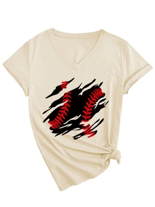 Detail of V-neck baseball print T-shirt with rolled sleeves and knotted hem design