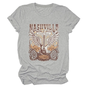 Detail of vintage Nashville Country Music graphic print on a gray cotton blend T-shirt