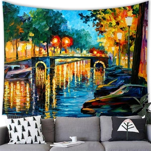 Detailed close-up of a night city scene oil painting tapestry above a modern gray sofa