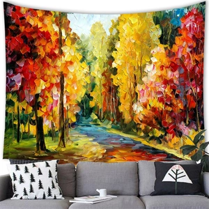 Detail of impressionist oil painting tapestry showing autumn forest path over a gray sofa