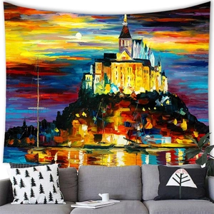 Artistic oil painting style wall tapestry showing a castle at sunset over a gray sofa