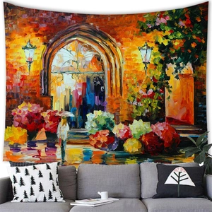 Detailed texture of watercolor streetscape wall tapestry above a gray sofa