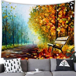 Artistic oil painting tapestry featuring a golden autumn forest path with a wooden bench