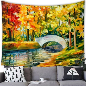 Detail view of impressionist oil painting tapestry hanging above a minimalist sofa